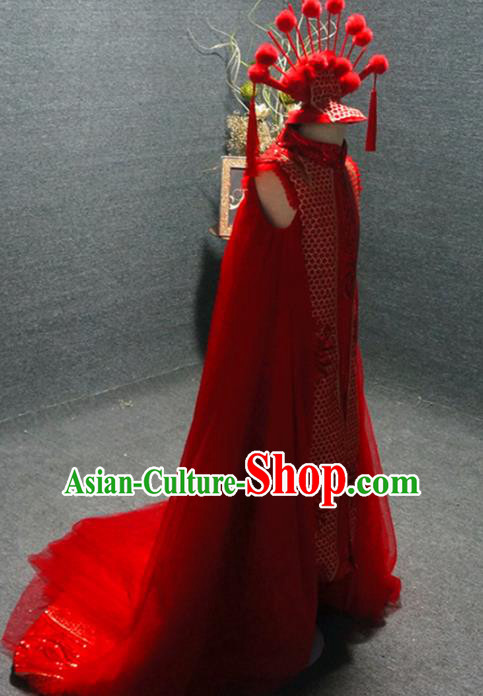 Traditional Chinese Catwalks Red Trailing Qipao Dress Compere Stage Performance Costume for Kids