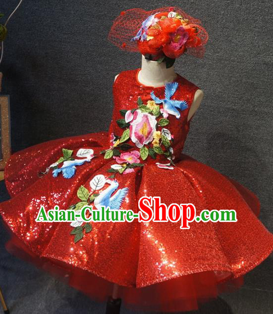 Top Children Day Dance Performance Embroidered Flower Bird Red Dress Catwalks Stage Show Birthday Costume for Kids