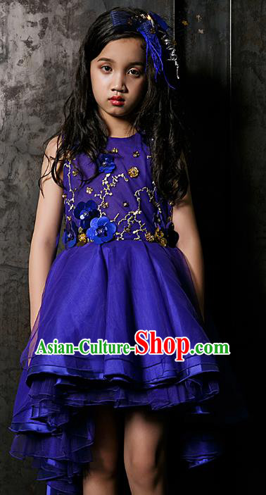 Top Children Flowers Fairy Royalblue Short Full Dress Compere Catwalks Stage Show Dance Costume for Kids