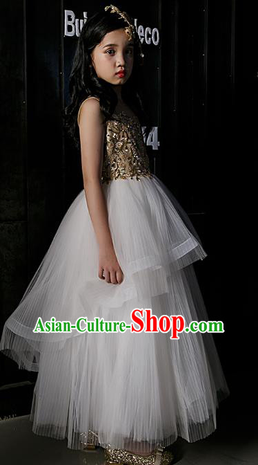 Top Children Flowers Fairy White Veil Full Dress Compere Catwalks Stage Show Dance Costume for Kids
