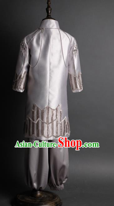 Traditional Chinese Children Grey Tang Suit Compere Classical Dance Stage Performance Costume for Kids