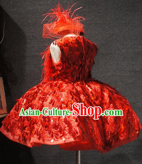 Top Children Kindergarten Performance Red Feather Short Dress Catwalks Stage Show Birthday Costume for Kids
