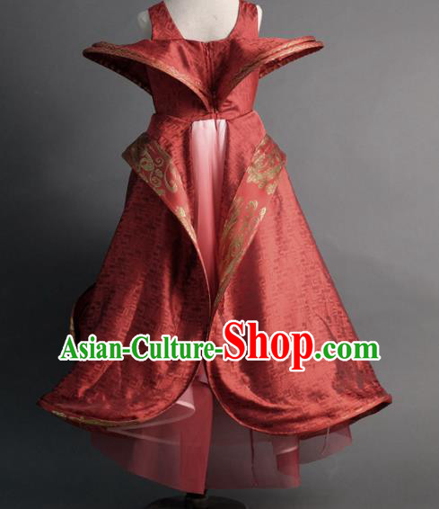 Traditional Chinese Catwalks Red Tang Suit Dress Compere Stage Performance Costume for Kids