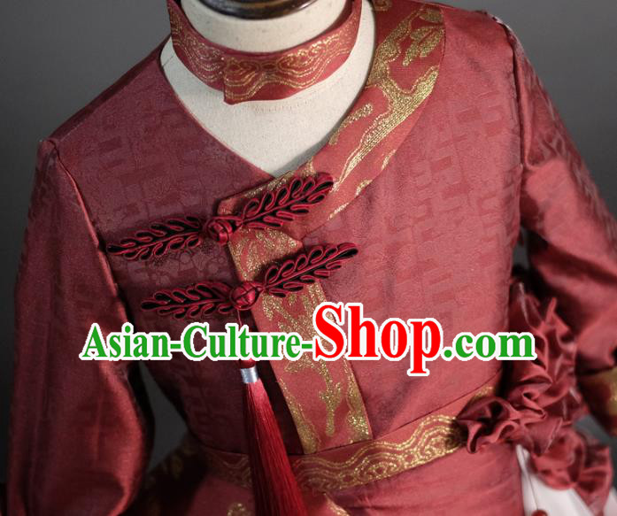 Traditional Chinese Catwalks Tang Suit Red Dress Compere Stage Performance Costume for Kids