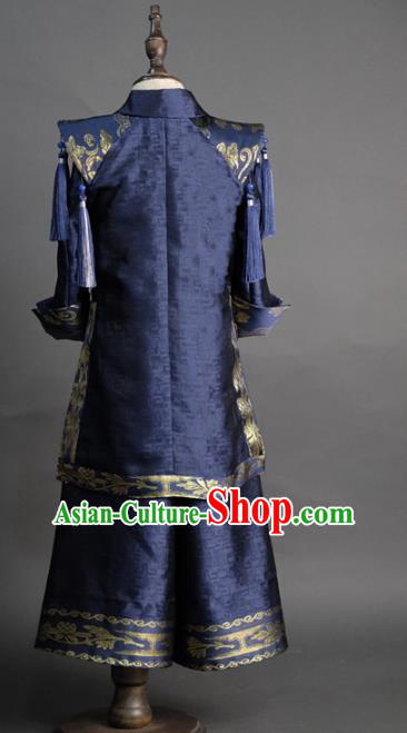 Traditional Chinese Children Embroidered Navy Tang Suit Compere Classical Dance Stage Performance Costume for Kids