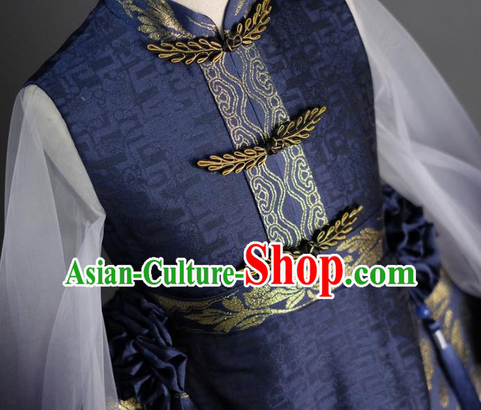 Traditional Chinese Catwalks Tang Suit Navy Dress Compere Stage Performance Costume for Kids