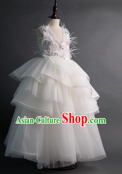 Top Children Flowers Fairy White Feather Veil Full Dress Compere Catwalks Stage Show Dance Costume for Kids