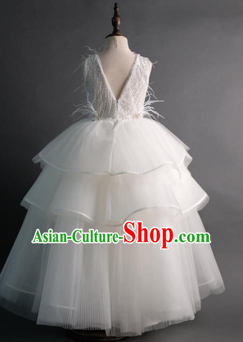 Top Children Flowers Fairy White Feather Veil Full Dress Compere Catwalks Stage Show Dance Costume for Kids