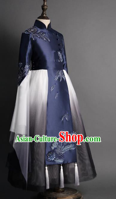 Traditional Chinese Catwalks Girl Navy Qipao Dress Compere Stage Performance Costume for Kids