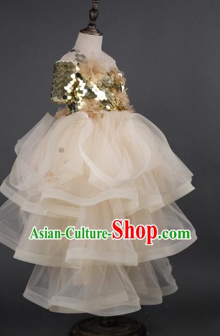 Top Children Fairy Princess Beige Full Dress Compere Catwalks Stage Show Dance Costume for Kids
