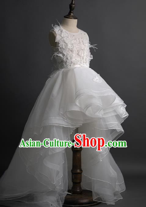 Top Children Fairy Princess White Trailing Full Dress Compere Catwalks Stage Show Dance Costume for Kids