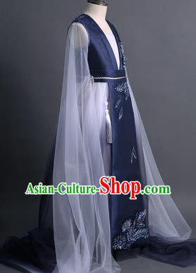 Traditional Chinese Girl Classical Dance Navy Dress Compere Stage Performance Costume for Kids