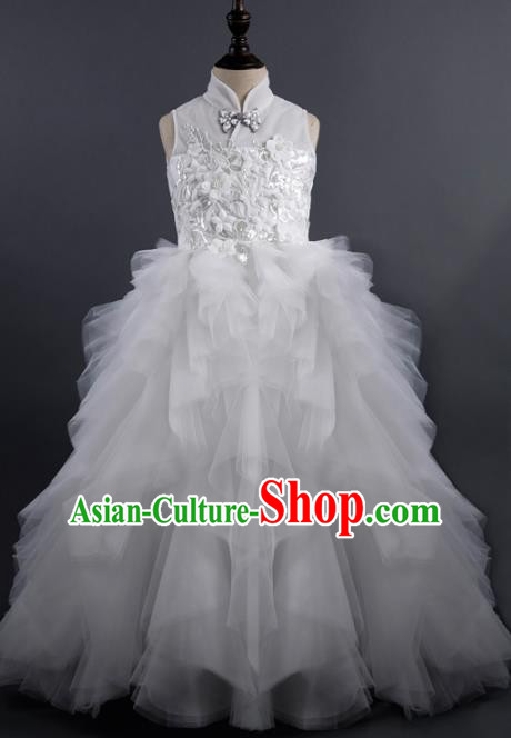 Top Children Fairy Princess White Veil Full Dress Compere Catwalks Stage Show Dance Costume for Kids