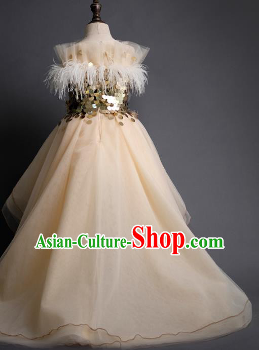 Top Children Fairy Princess Sequins Apricot Full Dress Compere Catwalks Stage Show Dance Costume for Kids