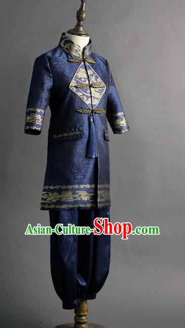 Traditional Chinese Children Navy Tang Suit Compere Classical Dance Stage Performance Costume for Kids