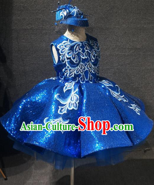 Top Children Kindergarten Performance Blue Short Dress Catwalks Stage Show Birthday Costume for Kids
