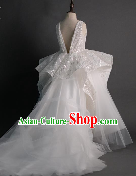 Top Children Flowers Fairy White Veil Trailing Full Dress Compere Catwalks Stage Show Dance Costume for Kids