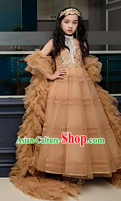 Top Children Flowers Fairy Brown Veil Bubble Full Dress Compere Catwalks Stage Show Dance Costume for Kids