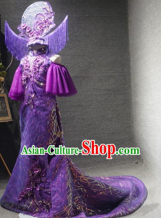 Traditional Chinese New Year Purple Qipao Dress Catwalks Compere Stage Show Costume for Kids
