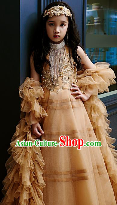 Top Children Flowers Fairy Brown Veil Bubble Full Dress Compere Catwalks Stage Show Dance Costume for Kids