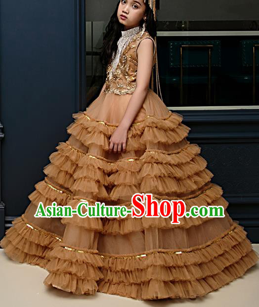 Top Children Fairy Princess Brown Bubble Full Dress Compere Catwalks Stage Show Dance Costume for Kids