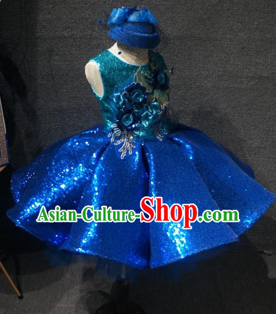 Top Kindergarten Children Day Royalblue Sequins Short Dress Catwalks Stage Show Birthday Costume for Kids