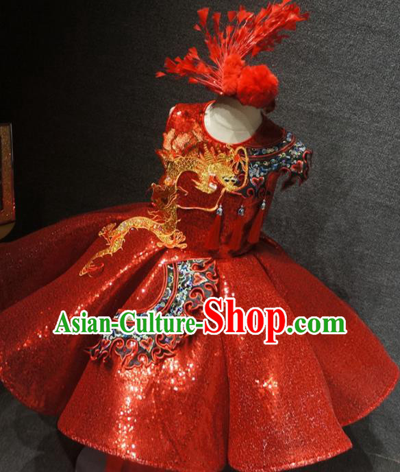 Traditional Chinese Compere Embroidered Dragon Red Full Dress Catwalks Stage Show Costume for Kids