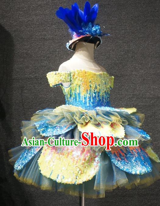Top Children Dance Blue Bubble Full Dress Catwalks Princess Stage Show Birthday Costume for Kids