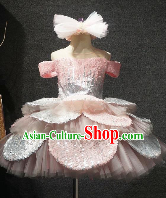 Top Children Dance Pink Paillette Bubble Full Dress Catwalks Princess Stage Show Birthday Costume for Kids