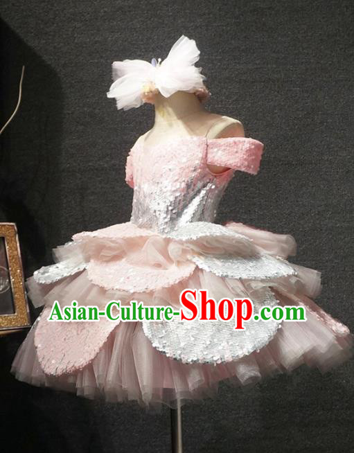 Top Children Dance Pink Paillette Bubble Full Dress Catwalks Princess Stage Show Birthday Costume for Kids