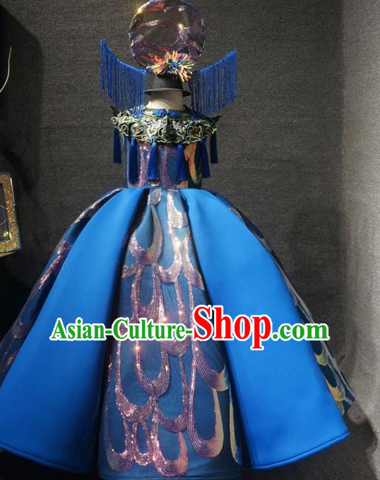 Traditional Chinese Performance New Year Deep Blue Dress Catwalks Compere Stage Show Costume for Kids