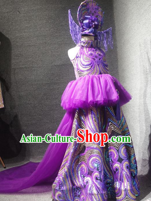 Traditional Chinese Performance Purple Qipao Dress Catwalks Compere Stage Show Costume for Kids