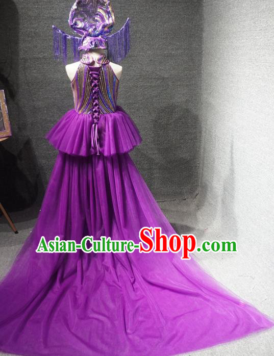 Traditional Chinese Performance Purple Qipao Dress Catwalks Compere Stage Show Costume for Kids