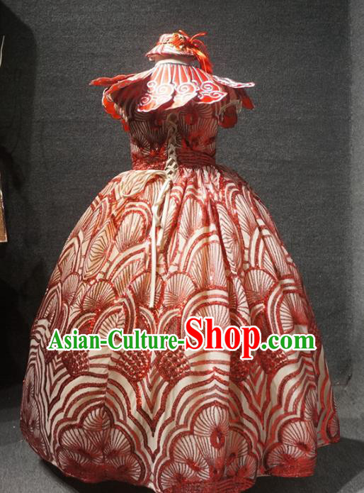 Traditional Chinese Catwalks Performance Red Dress Compere Stage Show Costume for Kids