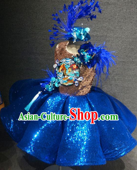 Traditional Chinese Compere Embroidered Royalblue Short Dress Catwalks Stage Show Costume for Kids