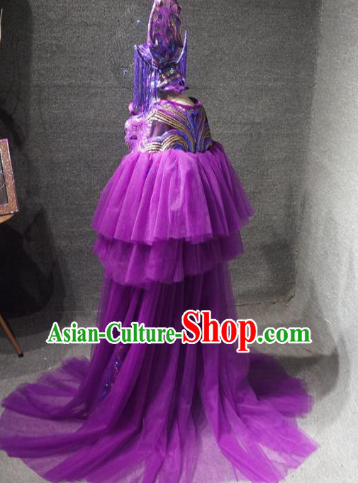 Traditional Chinese Catwalks Performance Purple Qipao Dress Compere Stage Show Costume for Kids