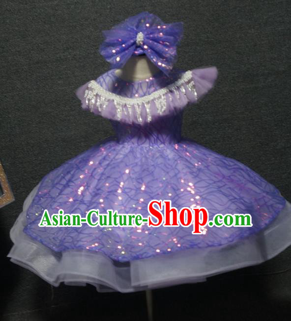 Top Children Dance Purple Short Paillette Dress Catwalks Princess Stage Show Birthday Costume for Kids