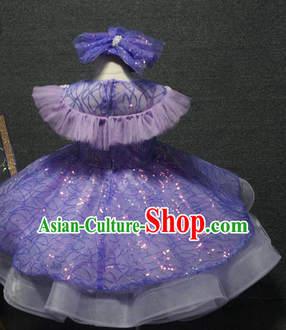 Top Children Dance Purple Short Paillette Dress Catwalks Princess Stage Show Birthday Costume for Kids