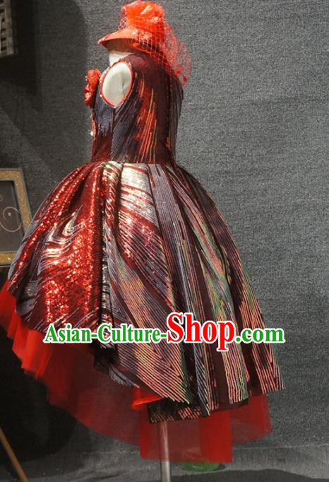 Top Children Dance Red Paillette Dress Catwalks Princess Stage Show Birthday Costume for Kids