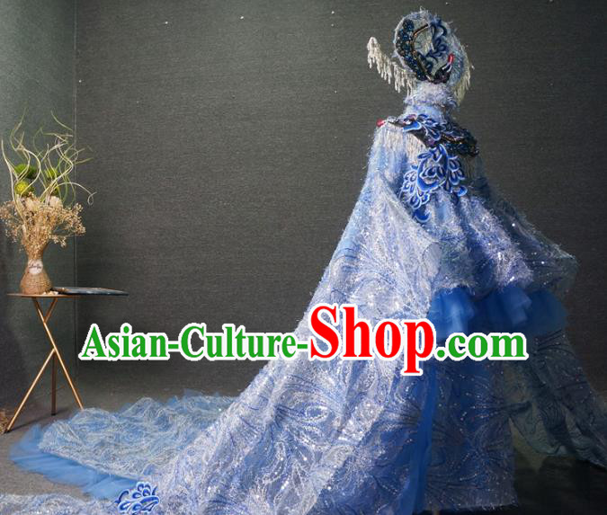 Traditional Chinese Catwalks Performance Embroidered Blue Trailing Dress Compere Stage Show Costume for Kids