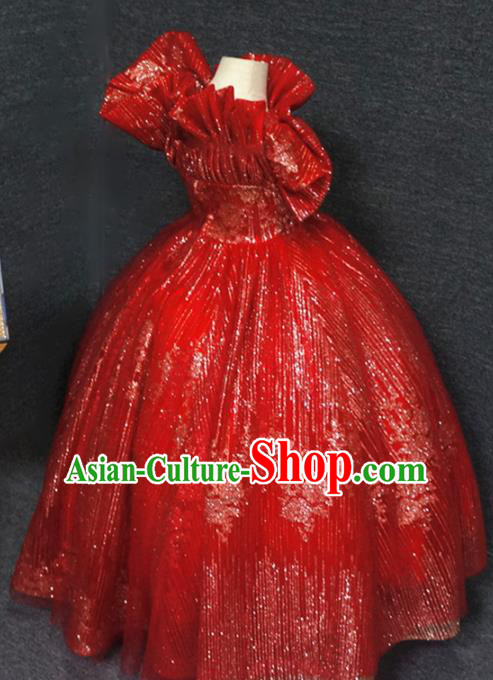 Top Children Party Red Full Dress Catwalks Princess Stage Show Birthday Costume for Kids
