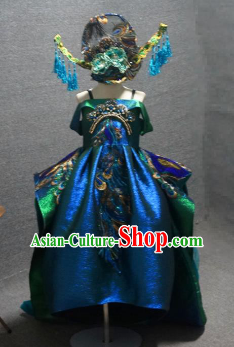 Traditional Chinese Catwalks Embroidered Peacock Green Trailing Dress Compere Stage Performance Costume for Kids