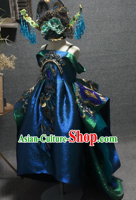 Traditional Chinese Catwalks Embroidered Peacock Green Trailing Dress Compere Stage Performance Costume for Kids