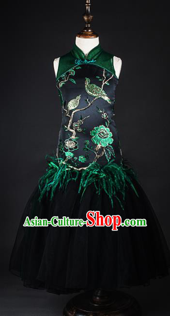Traditional Chinese Girl Embroidered Atrovirens Qipao Dress Compere Stage Performance Costume for Kids