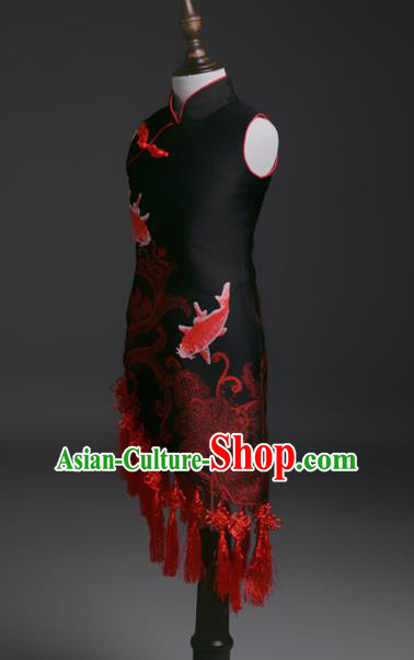 Traditional Chinese Girl Embroidered Carp Black Qipao Dress Compere Stage Performance Costume for Kids