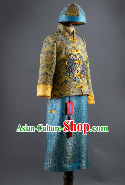 Traditional Chinese Children Qing Dynasty Embroidered Mandarin Jacket and Robe Classical Dance Stage Performance Costume for Kids