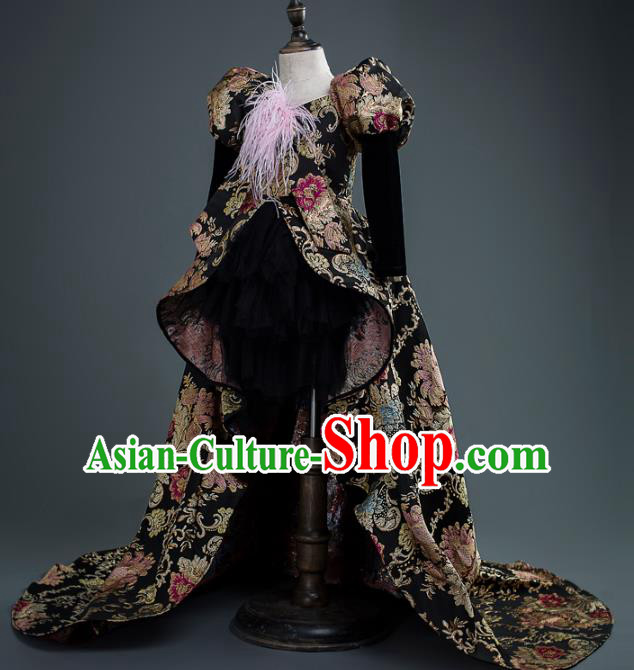 Top Children Cosplay Queen Black Embroidered Full Dress Compere Catwalks Stage Show Dance Costume for Kids