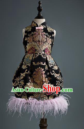 Traditional Chinese Classical Dance Black Qipao Dress Compere Stage Performance Costume for Kids