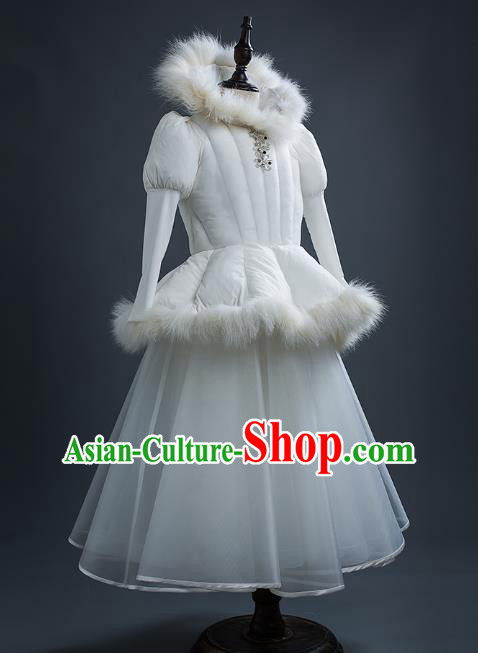 Top Children Cosplay Queen Winter White Full Dress Compere Catwalks Stage Show Dance Costume for Kids