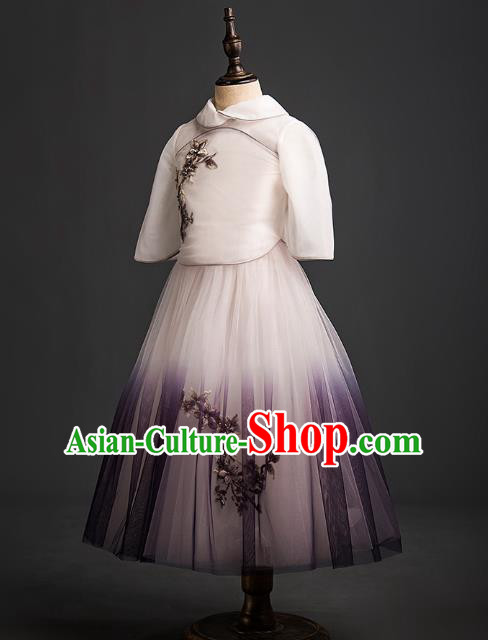 Traditional Chinese Classical Dance Blouse and Purple Skirt Compere Stage Performance Costume for Kids